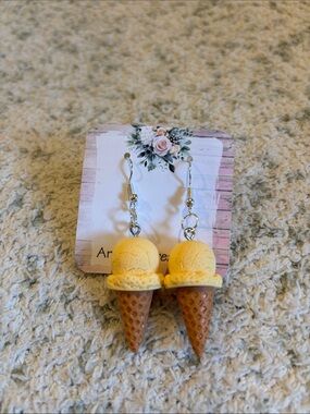 Yellow Vanilla Ice Cream Cone Pierced Earrings Handcrafted NWT 2.25”